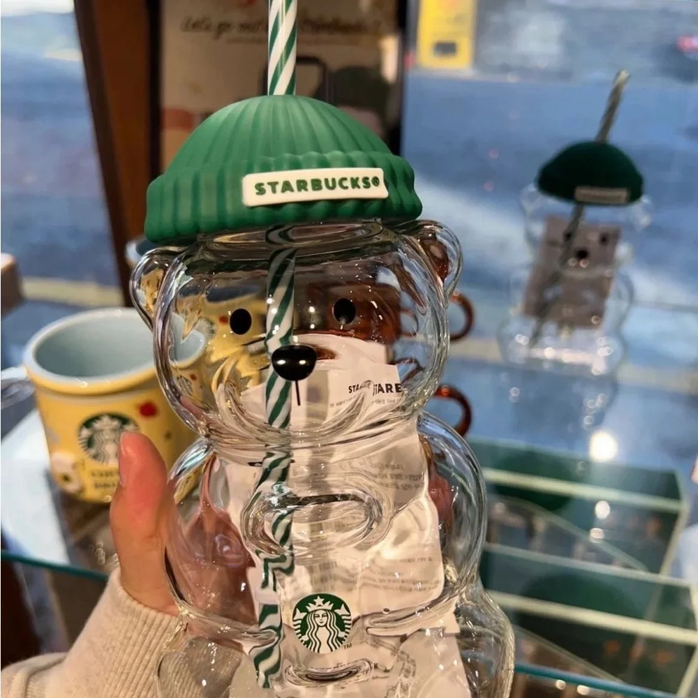 Starbucks Bearista Bear Clear Cold Cup 20 oz Green Lid & Straw - Picture 4 of 9